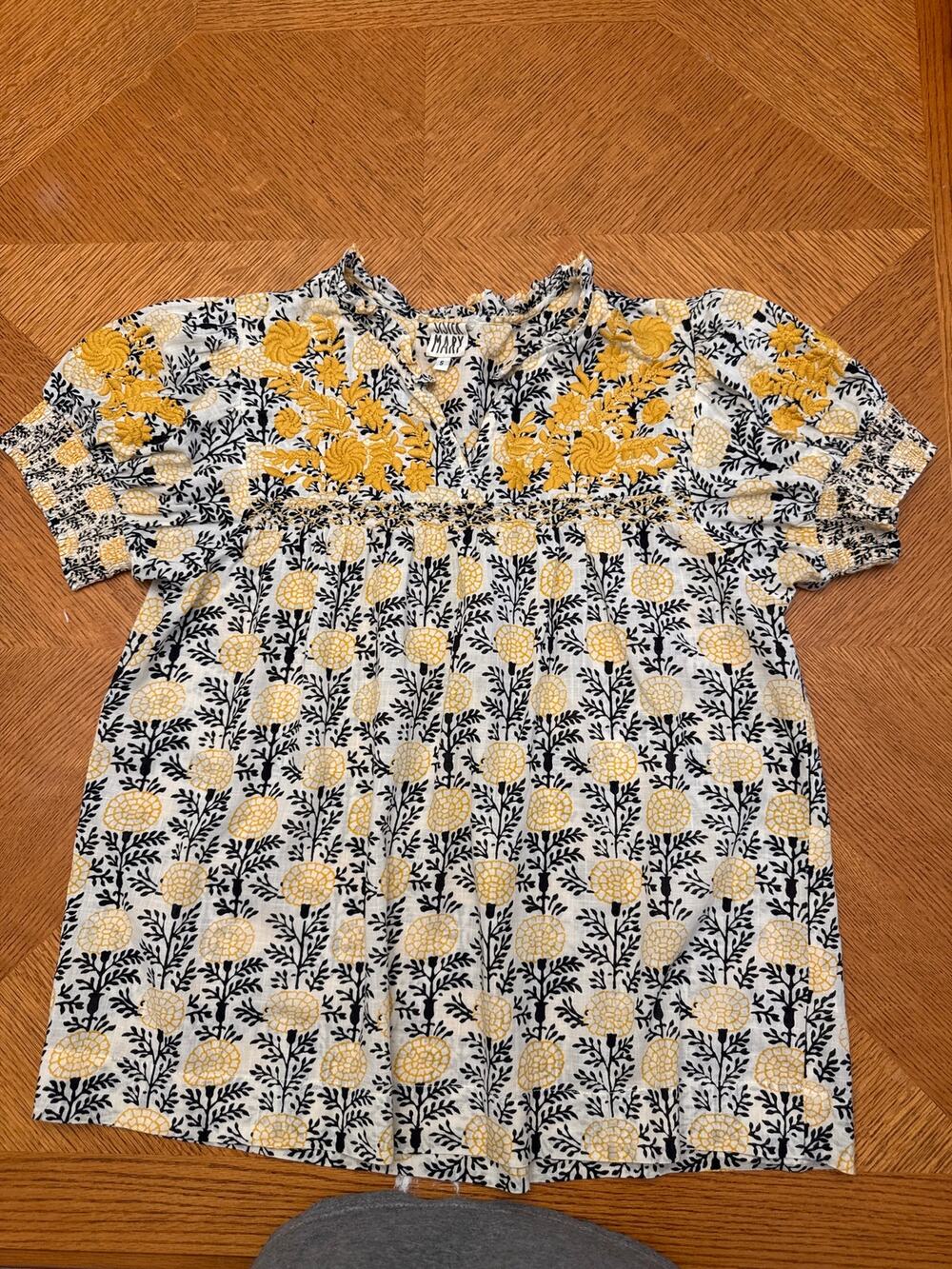 Sister Mary Embroidered Floral Boho Folk Cottage Cotton Blouse Size Small Yellow